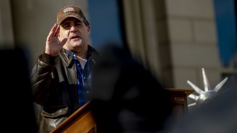 Former Michigan state Senator Patrick Colbeck speaks at a rally on February 8, 2022 outside the state Capitol.