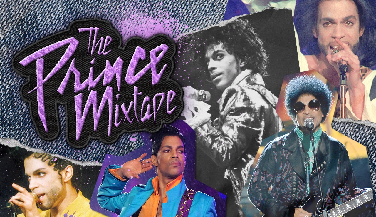 The Prince Mixtape cover art. Collage of colorful art and black and white photos of Prince performing.