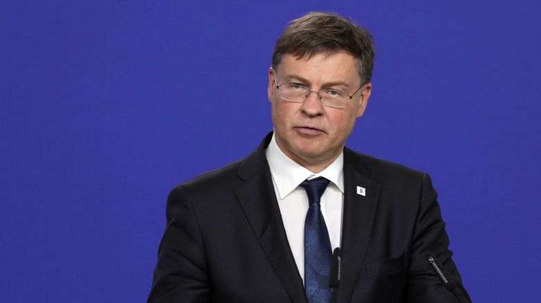 Valdis Dombrovskis, trade commissioner for the European Union (EU), gestures during a news conference at an informal meeting of European Union (EU) economic and financial affairs ministers in Santiago de Compostela, Spain, on Saturday, Sept. 16, 2023. 