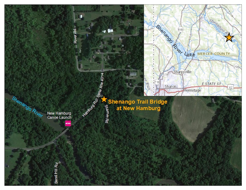 An aerial map of Shenango River Lake in Hermitage, Pennsylvania.