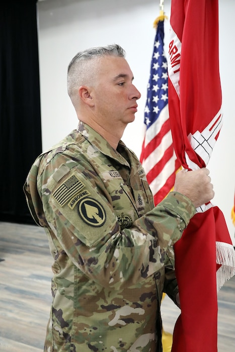 The Transatlantic Expeditionary District gained a new senior leader Aug. 9 during an Assumption of Responsibility Ceremony at Camp Arifjan, Kuwait. In a time-honored military tradition, Sgt. Maj. David Kluba assumed the roles and responsibilities of the district's senior enlisted advisor as the district's distinctive red and white colors were passed to him by Expeditionary District Commander Col. Mohammed Rahman, who said that he is encouraged that Kluba is now the custodian of the district's colors.