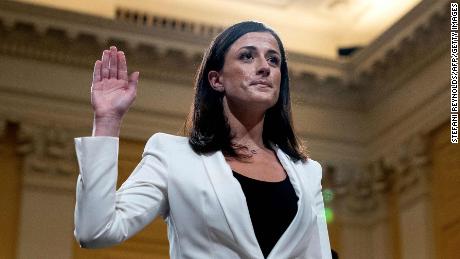 TOPSHOT - Cassidy Hutchinson, a top aide to former White House Chief of Staff Mark Meadows, is sworn in during the sixth hearing by the House Select Committee to Investigate the January 6th Attack on the US Capitol, in the Cannon House Office Building in Washington, DC, on June 28, 2022. 