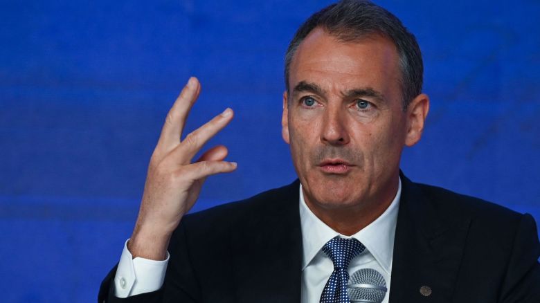 Bernard Looney, Chief Executive Officer of BP of UK, addresses the gathering on the second day of the three-day B20 Summit in New Delhi on August 26, 2023. (Photo by Arun SANKAR / AFP) (Photo by ARUN SANKAR/AFP via Getty Images)