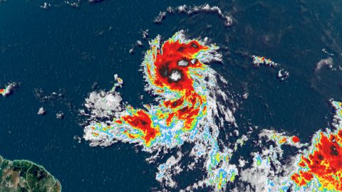 A satellite view of newly formed Tropical Depression 13 in the tropical Atlantic Ocean.