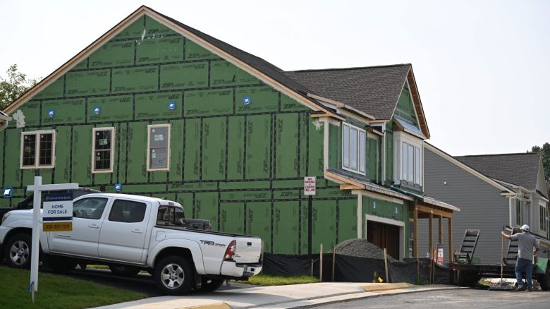 A new home is built at a housing development in Fairfax, Virginia, on August 22, 2023. Sales of homes in the United States ticked down in July, according to industry data released on August 22, 2023, as elevated mortgage rates and limited housing supply held buyers back. The housing market in the world's biggest economy has been reeling as interest rates climbed, making home owners reluctant to put their properties up for sale -- having earlier locked in lower rates on their mortgages. (Photo by Andrew Caballero-Reynolds / AFP) (Photo by ANDREW CABALLERO-REYNOLDS/AFP via Getty Images)