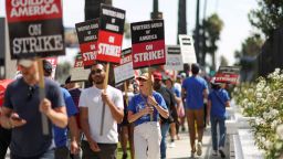 SAG-AFTRA actors and Writers Guild of America (WGA) writers walk the picket line during their  strike outside Netflix offices in Los Angeles, California, U.S., September 22, 2023. REUTERS/