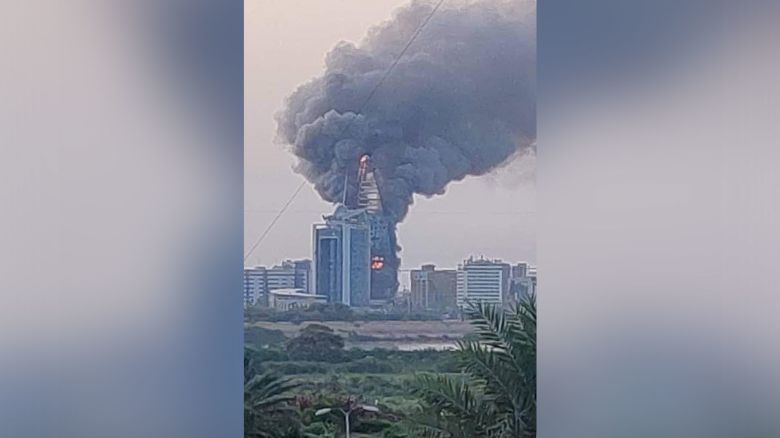 This picture taken on September 17 shows a raging fire at the Greater Nile Petroleum Oil Company Tower in Khartoum. 