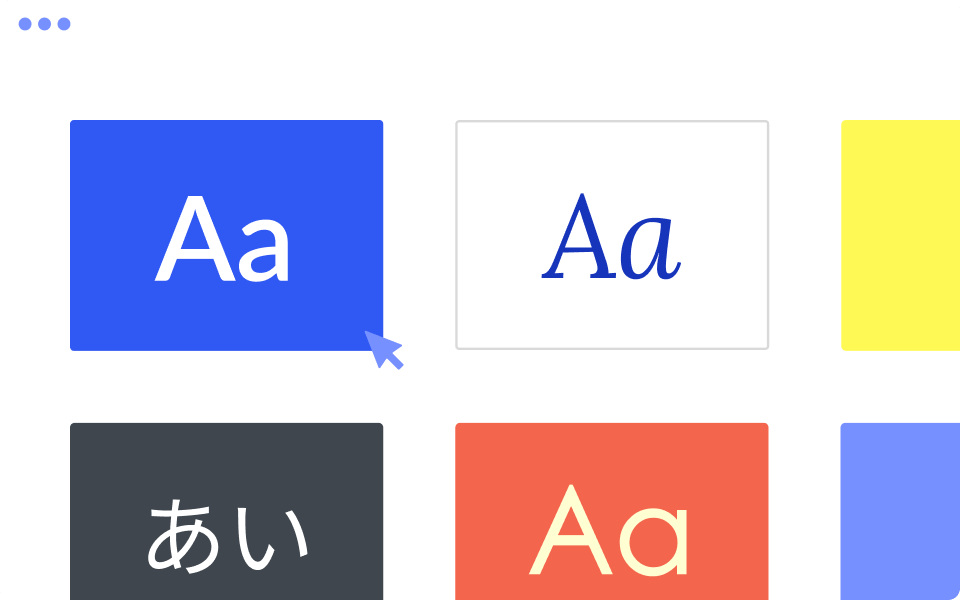 Ilustración que mostra unha cuadrícula de diferentes estilos tipográficos e opcións de cor, cunha frecha do cursor facendo unha selección.