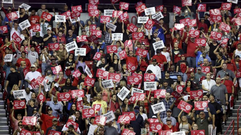 Culinary Union members rally ahead of a strike vote Tuesday, Sept. 26, 2023, at Thomas & Mack Center on the UNLV campus in Las Vegas. Tens of thousands of hospitality workers who keep the iconic casinos and hotels of Las Vegas humming were set to vote Tuesday on whether to authorize a strike amid ongoing contract negotiations. (K.M. Cannon/Las Vegas Review-Journal via AP)