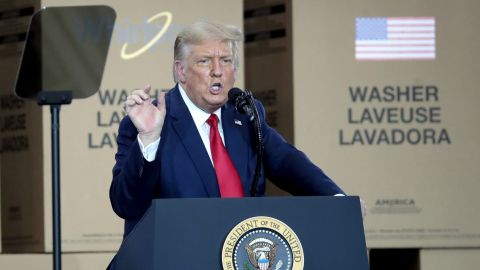 CLYDE, OHIO - AUGUST 06: U.S. President Donald Trump speaks to workers at a Whirlpool manufacturing facility on August 06, 2020 in Clyde, Ohio. Whirlpool is the last remaining major appliance company headquartered in the United States. With more than 3,000 employees, the Clyde facility is one of the world's largest home washing machine plants, producing more than 20,000 machines a day. (Photo by Scott Olson/Getty Images)