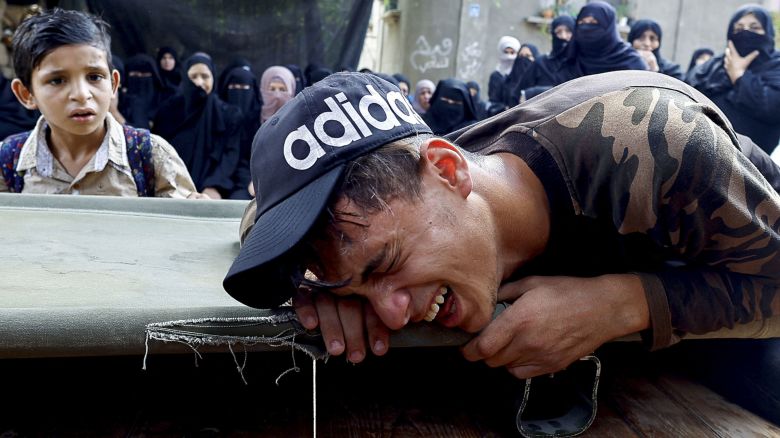 A relative of Palestinian Youssef Radwan, who was killed by Israeli forces during a protest at the Israeli-Gaza border fence, reacts during his funeral in Khan Younis in the southern Gaza Strip September 20, 2023. REUTERS/Mohammed Salem     TPX IMAGES OF THE DAY