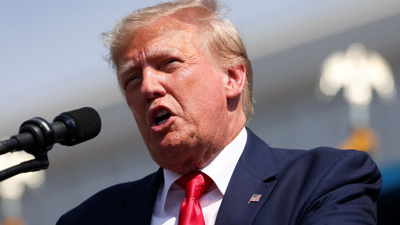 FILE PHOTO: Former U.S. President and Republican presidential candidate Donald Trump speaks during a 2024 presidential election campaign event at Sportsman Boats in Summerville, South Carolina, U.S. September 25, 2023. 