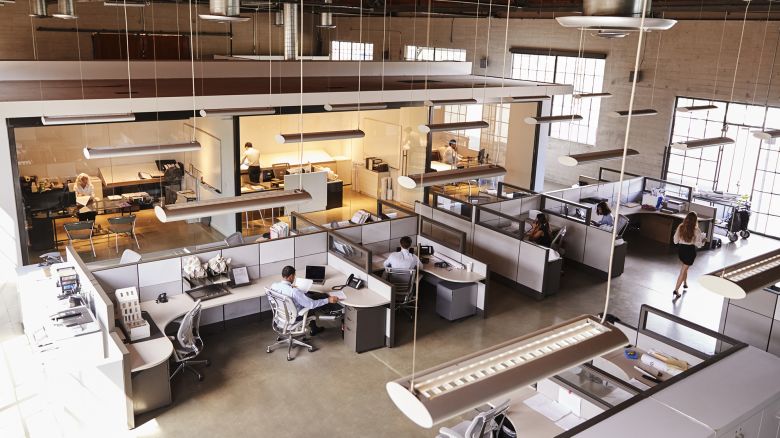 Elevated view of a busy open plan office.