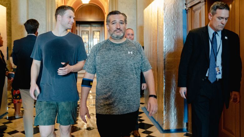 Sen. Ted Cruz votes in the Senate Chamber in workout clothes on Capitol Hill in Washington, DC on August 6, 2022.