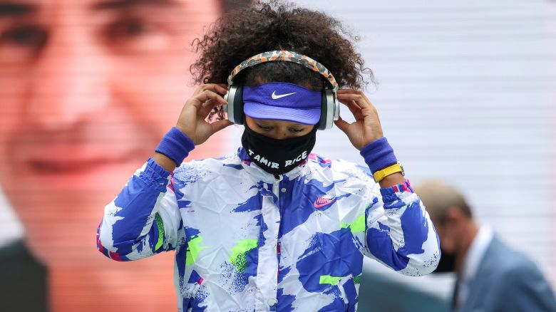 Naomi Osaka, 22, wears a mask bearing the name of Tamir Rice as she walks on court for the final of the US Open on September 12, 2020.