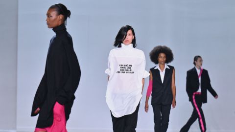 Models present designs by Helmut Lang during New York Fashion Week in New York City on September 8, 2023. (Photo by ANGELA WEISS / AFP) (Photo by ANGELA WEISS/AFP via Getty Images)