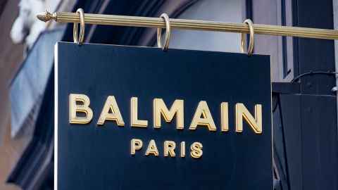 A view on the Balmain store sign where Balmain x Barbie capsule collection is displayed at the Balmain Saint Honore Boutique on January 14, 2022 in Paris, France.