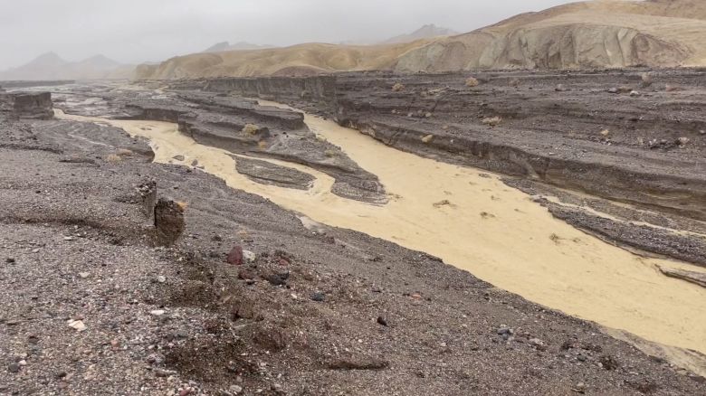 A view of flooding caused by heavy rain in Gower Gulch near Zabriskie Point, in Death Valley National Park, California, U.S. August 20, 2023 in this screengrab from handout video. National Park Service/Handout via REUTERS    THIS IMAGE HAS BEEN SUPPLIED BY A THIRD PARTY. MANDATORY CREDIT