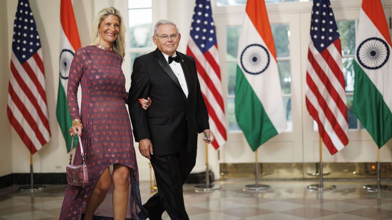 Sen. Bob Menendez, a Democrat from New Jersey, right, and Nadine Menendez arrive to attend a state dinner in honor of Indian Prime Minister Narendra Modi hosted by US President Joe Biden and First Lady Jill Biden at the White House in Washington, DC, US, on Thursday, June 22, 2023.