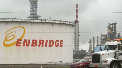 SHERWOOD PARK, CANADA - AUGUST 23, 2023: The Enbridge Terminal and Pipelines next to the Suncor Energy Refinery, on August 23, 2023, in Sherwood Park, Strathcona County, Alberta, Canada. (Photo by Artur Widak/NurPhoto via AP)