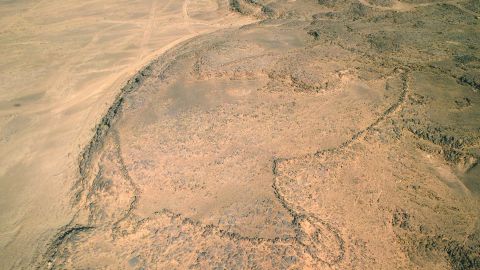 Aerial view of a desert kite from Jebel az-Zilliyat, Saudi Arabia.