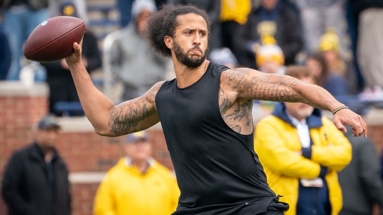 Colin Kaepernick participates in a throwing exhibition during half time of the Michigan spring football game at Michigan Stadium on April 2, 2022 in Ann Arbor, Michigan.