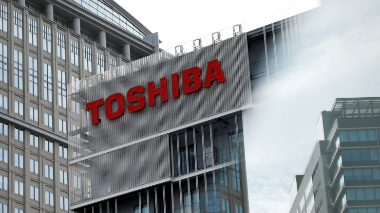 FILE PHOTO: The logo of Toshiba Corporation is displayed at the company's building in Kawasaki, Japan, April 5, 2023. REUTERS/Androniki Christodoulou/File Photo