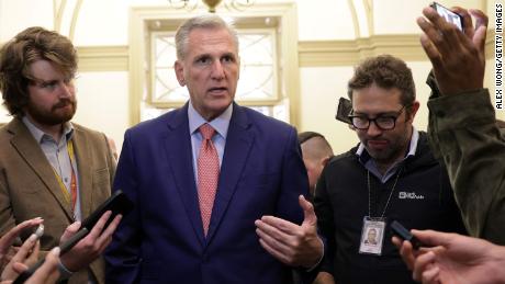 WASHINGTON, DC - SEPTEMBER 22: U.S. Speaker of the House Rep. Kevin McCarthy (R-CA) speaks to members of the press at the U.S. Capitol on September 22, 2023 in Washington, DC. Speaker McCarthy sent members home for the weekend yesterday amid House Republicans&#39; divisions over a continuing resolution to fund the government before the September 30 deadline. (Photo by Alex Wong/Getty Images)