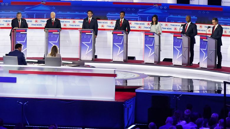 2024 Republican presidential candidates from left, Chris Christie, former Vice President Mike Pence, Ron DeSantis, Vivek Ramaswamy, Nikki Haley, Senator Tim Scott and Doug Burgum during the Republican primary presidential debate hosted by Fox News in Milwaukee, Wisconsin, US, on Wednesday, Aug. 23, 2023.