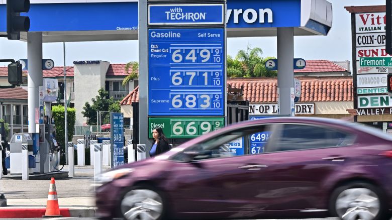 A sign displays the price of gas at more than 6 USD per gallon, at a petrol station in Alhambra, California, on September 18, 2023. Oil prices hit a 10-month high on September 15, 2023, after oil supply cuts in Saudi Arabia and Russia, as well as deadly flooding in Libya, have raised oil prices close to 100 USD per barrel. (Photo by Frederic J. BROWN / AFP) (Photo by FREDERIC J. BROWN/AFP via Getty Images)