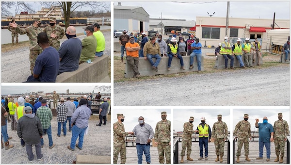 IN THE PHOTOS, The U.S. Army Corps of Engineers Deputy Commanding General for Civil and Emergency Operations, Maj. Gen. William (Butch) Graham and the Senior Official Performing the Duties of the Assistant Secretary of Army (Civil Works), Vance Stewart, visited the Memphis District last week. While there, they had the opportunity to welcome home and congratulate the Revetment Team after completing one of the district's longest seasons in history. Here, the units gather for a ?welcome home’ brief. Additionally, representatives of each unit are coined for a job well done. (USACE photos by Vance Harris)