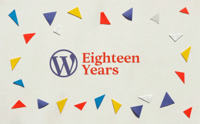 WordPress logo 18 years with confetti