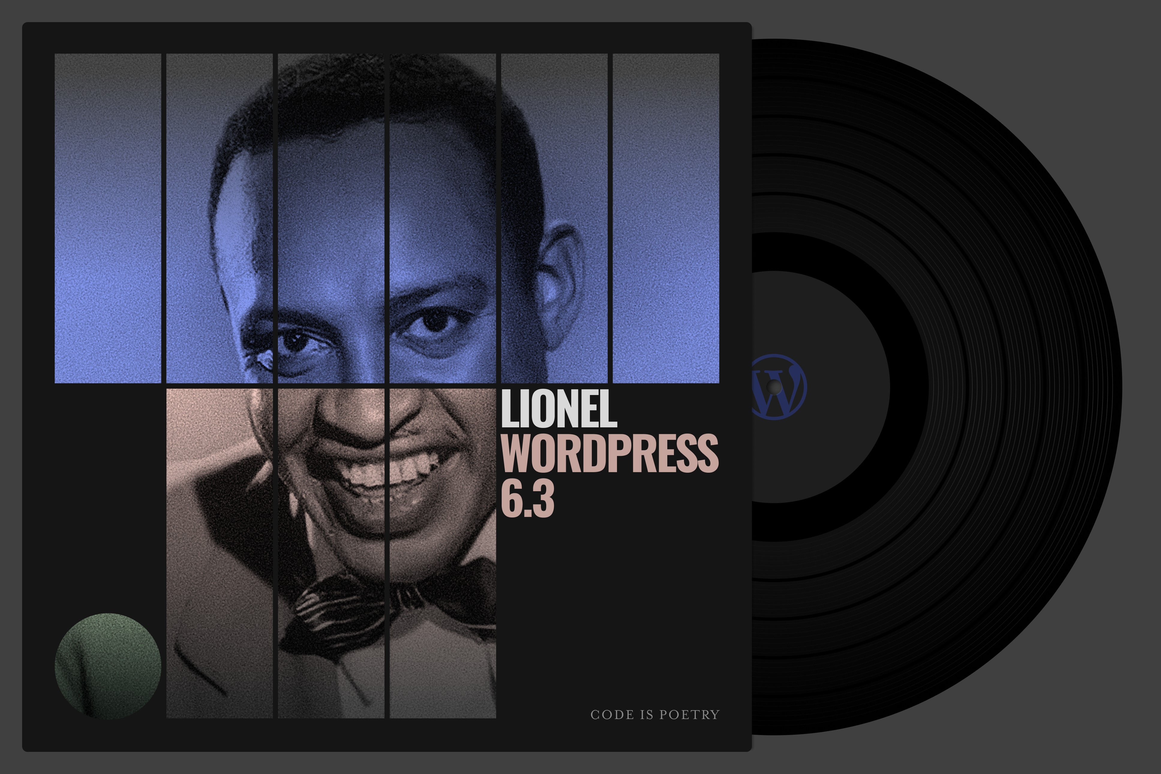 Record cover with a record sliding out of the right side, and the words Lionel WordPress 6.3.