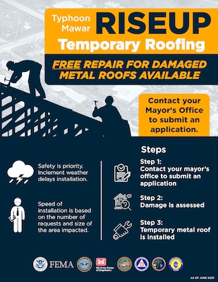 A blue and yellow graphic with symbols identifying workers supporting Typhoon Mawar RISEUP Temporary Roofing