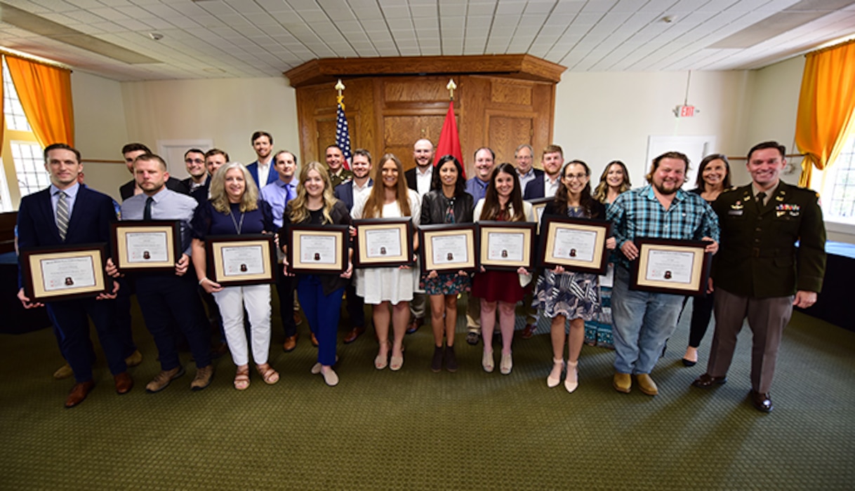 Lt. Col. Robert W. Green, U.S. Army Corps of Engineers Nashville District commander; Maj. Todd Mainwaring, Nashville District deputy commander; and Michael Evans, course instructor, pose with graduates of the 2023 Leadership Development Program Level I Course Sept. 13, 2023, at the Scarritt Bennett Center in Nashville, Tennessee. (USACE Photo by Lee Roberts)