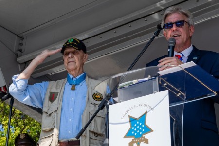 U.S. Army Capt. Larry Taylor, Medal of Honor recipient and former 1st Infantry Division Soldier, salutes during the Patriot Day and Welcome Home parade held in Chattanooga, Tennessee, Sept. 11, 2023. The parade was held to pay homage to Taylor. 