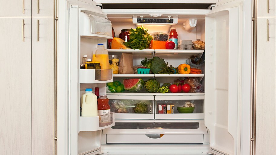 Inside view of a refrigerator with healthy food in it