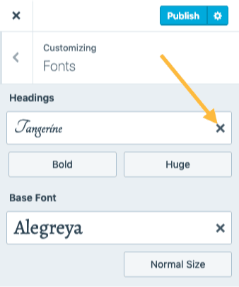 The Customizing Fonts panel with an arrow pointing to the X to the right of the custom heading font to reset the font to the theme's default. 