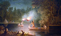 Индейцы меномини охотятся на лосося при свете факела на реке Фокс