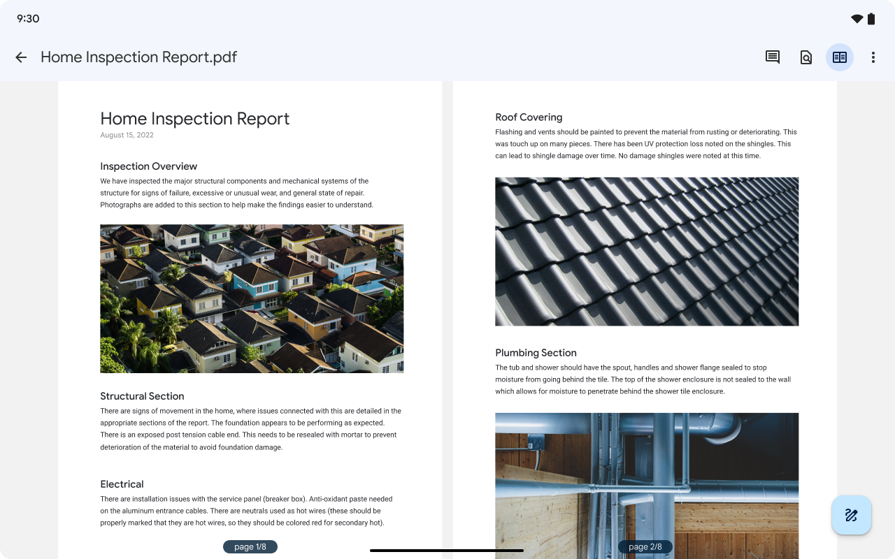 Nova visualização de duas páginas em PDFs no app Google Drive nos dispositivos Android de tela grande