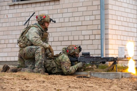 U.S. Army Soldiers with Charlie Company, 3rd Battalion, 67th Armored Regiment, 2nd Armored Brigade Combat Team, 3rd Infantry Division, provide suppressive fire during the Strong Griffin exercise at Pabrade Training Area, Lithuania, Nov. 17, 2023. Strong Griffin 2023 saw Task Force Marne Soldiers serve as an opposing fighting force for the Griffin Brigade of the Lithuanian Armed Forces, which provided an opportunity to share Allied tactics and strategies. The 3rd Infantry Division’s mission in Europe is to engage in multinational training and exercises across the continent, working alongside NATO allies and regional security partners to provide combat-credible forces to V Corps, America’s forward deployed corps in Europe. (U.S. Army photo by Sgt. Cesar Salazar Jr.)