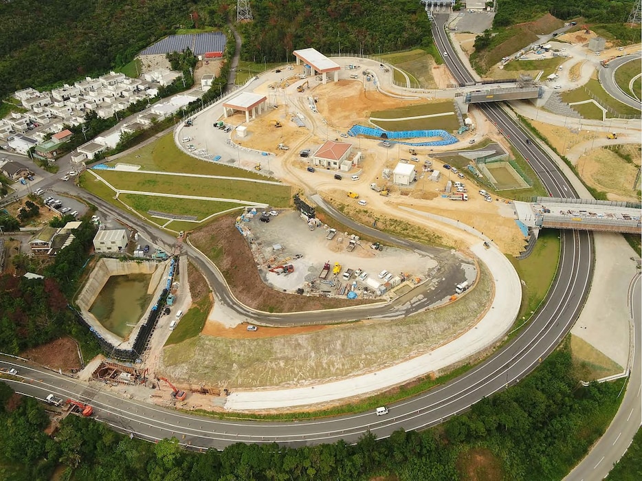 Construction being performed on a bypass by the Okinawa Area Office (OAO) Engineers and Japanese contractors.