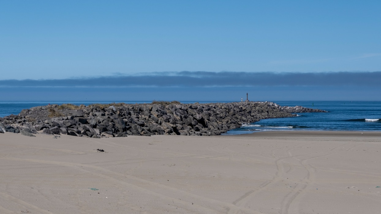 A rock structure extends out from a beach into the ocean on a clear, sunny day.