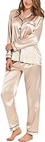 SWOMOG Womens Silk Satin Pajamas Loungewear Two-piece Sleepwear Button-Down Pj Set