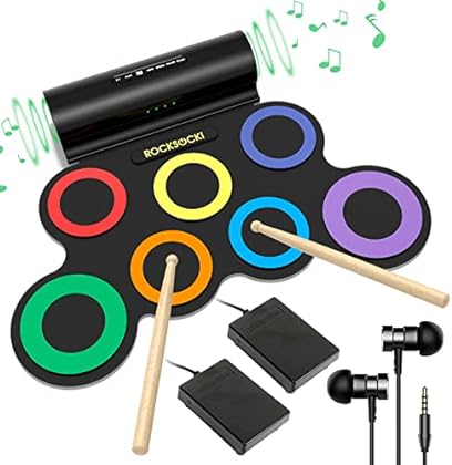 ROCKSOCKI Electronic Drum Set, 7 Drum Practice Pad, Roll-up Electric Drum Set with Free Headphone, Built-in Speaker Drum S...