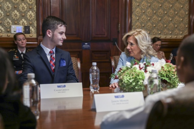 First lady Jill Biden welcomes National Guard senior leaders and family members for a roundtable discussion on support for National Guard children in the Eisenhower Executive Office Building in Washington Nov. 27, 2023. Attendees, including Guard children, and adjutants general, also joined the first lady’s presentation of the 2023 White House “Magic, Wonder & Joy” holiday theme and decorations.