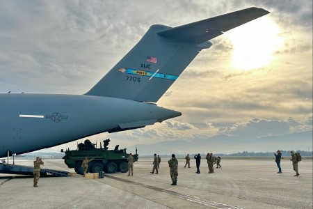 U.S. Army soldiers from the 2nd squadron, 2nd Cavalry Regiment prepare their Strykers for movement during Brave Partner 23 at Skopje International Airport, North Macedonia Dec. 1, 2023. Brave Partner is a U.S. Army Europe and Africa scheduled, directed, and led short notice action planning (SNAP) exercise, which includes live-fire training and is designed to demonstrate USAREUR-AF’s operational reach, validate U.S. investments in North Macedonia, and increase readiness.