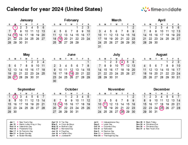 Calendar for 2024 in United States