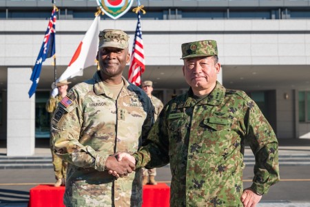 U.S. Army Lt. Gen. Xavier T. Brunson, the commanding general of America’s First Corps, shakes the hand of Lt. Gen. Ryoji Takemoto, the commanding general of the Japanese Ground Component Command, following the opening ceremony for Yama Sakura 85 in Camp Asaka, Saitama, Japan, Dec. 4, 2023. As a part of U.S. Army Pacific&#39;s Operation Pathways, the 43rd iteration of Yama Sakura exercise, YS 85, is the first U.S. Army, Japan Ground Self-Defense Force, and Australian Army command post exercise based in Japan. Participants from the JGSDF and the Australian Army train together with Soldiers of the U.S. Army I Corps, 7th Infantry Division, 11th Airborne Division, U.S. Army Japan, U.S. Army Reserve and U.S. Army National Guard in a Joint environment to strengthen multi-domain and cross-domain interoperability and readiness to ensure a free and open Indo-Pacific.