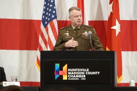 Lt. Gen. Chris Mohan, Army Materiel Command deputy commanding general and Redstone Arsenal senior commander, speaks to a crowd of nearly 850 community and business leaders at the Huntsville/Madison County Chamber of Commerce Redstone Update in Huntsville, Alabama, Nov. 29, 2023. Mohan highlighted Redstone Arsenal&#39;s global influence and its pivotal role around the world.